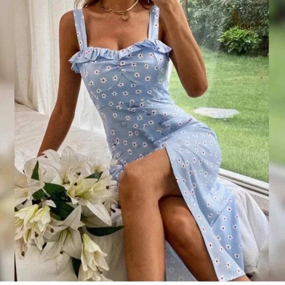 Zara Blue Flower Print Linen Blend Button Front Midi Dress - Picture 1 of 7